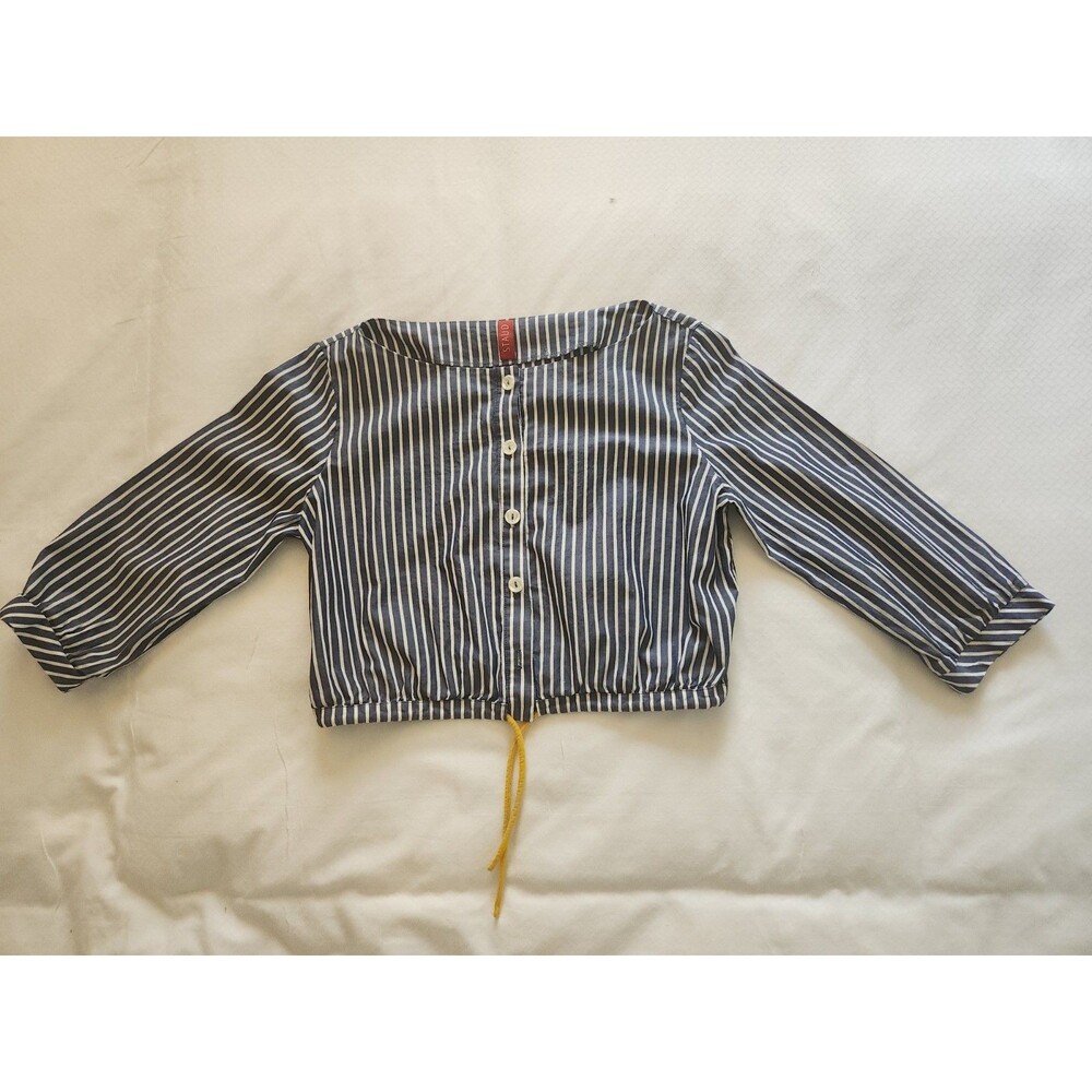 STAUD Blue White Striped 100% Cotton Cinch Hem Crop Top Blouse Large